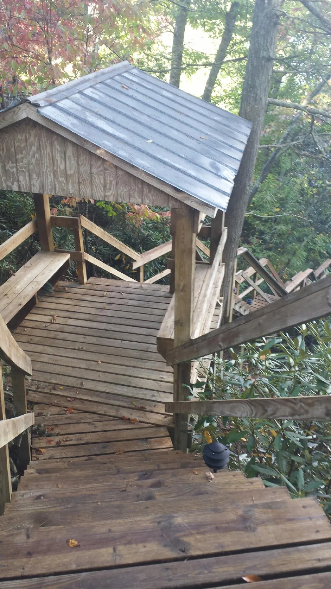 Metal roofed shelter over wooden steps on a wooded walkway — Skylight Repair & Installation work by our crew in Gratiot